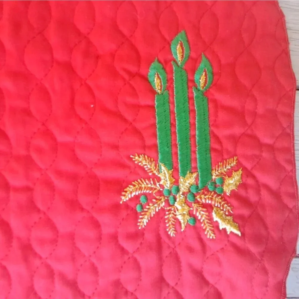 Set Of Two Unbranded Red Quilted Placemats Green Embroidered Candles